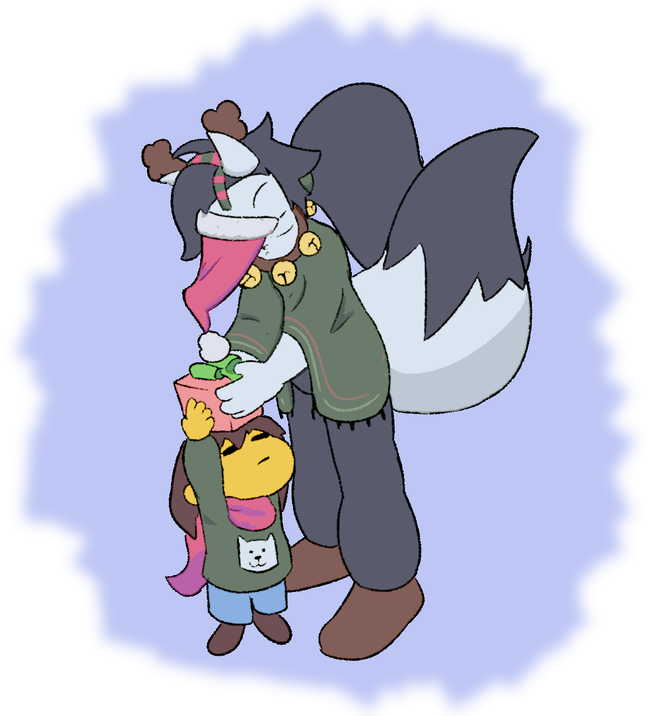 Jane-Ko with a santa hat on her nose, giving a present to Frisk.