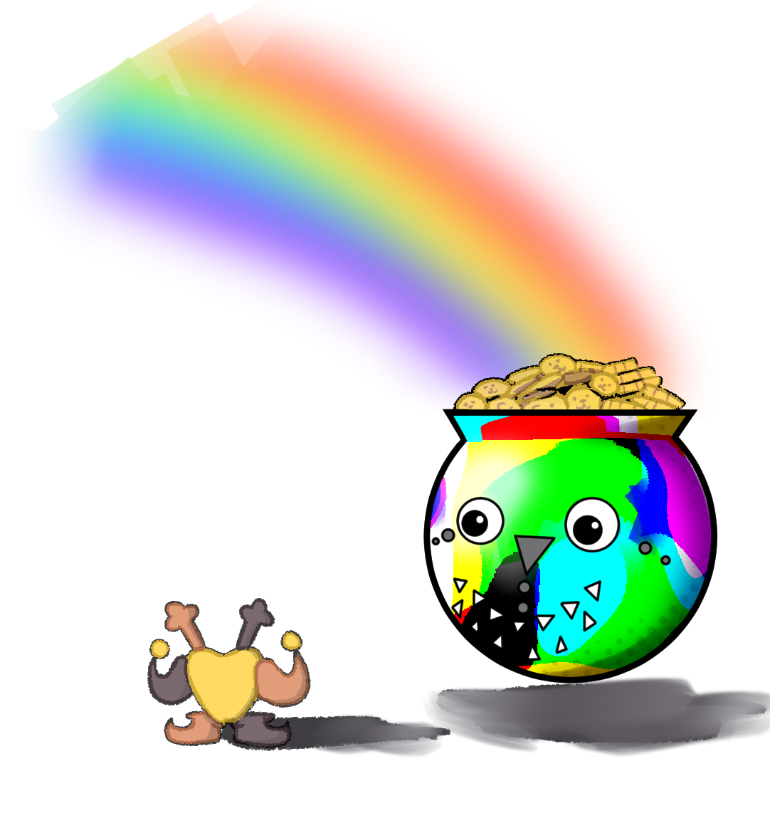 Dubbeltake looking at a suspiciously-pot-of-gold shaped yukopan.