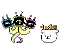 Telemizu excitedly loitering next to a pot of golden dog-bones.